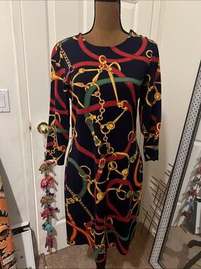 Ralph Lauren Navy Chain & Belt-Print Long Sleeve Dress